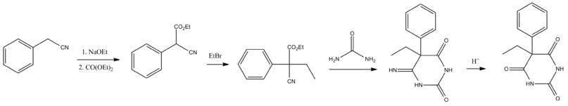 Preparation of Phenobarbital can start with the condensation of benzyl cyanide with diethylcarbonate in the presence of sodium ethoxide, and the result is α-phenylcyanoacetic ester. Alkylation of the ester needs ethyl bromide, and gives α-phenyl-α-ethylcyanoacetic ester, which is further converted into the 4-iminoderivative upon treatment with urea. And acidic hydrolysis of the resulting product gives phenobarbital.